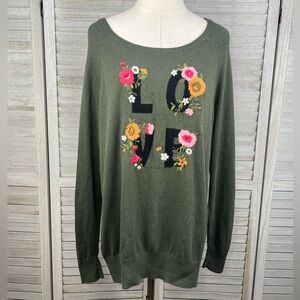 TORRID Embroidered Floral LOVE Crewneck Sweater Olive Green/Multi-0X